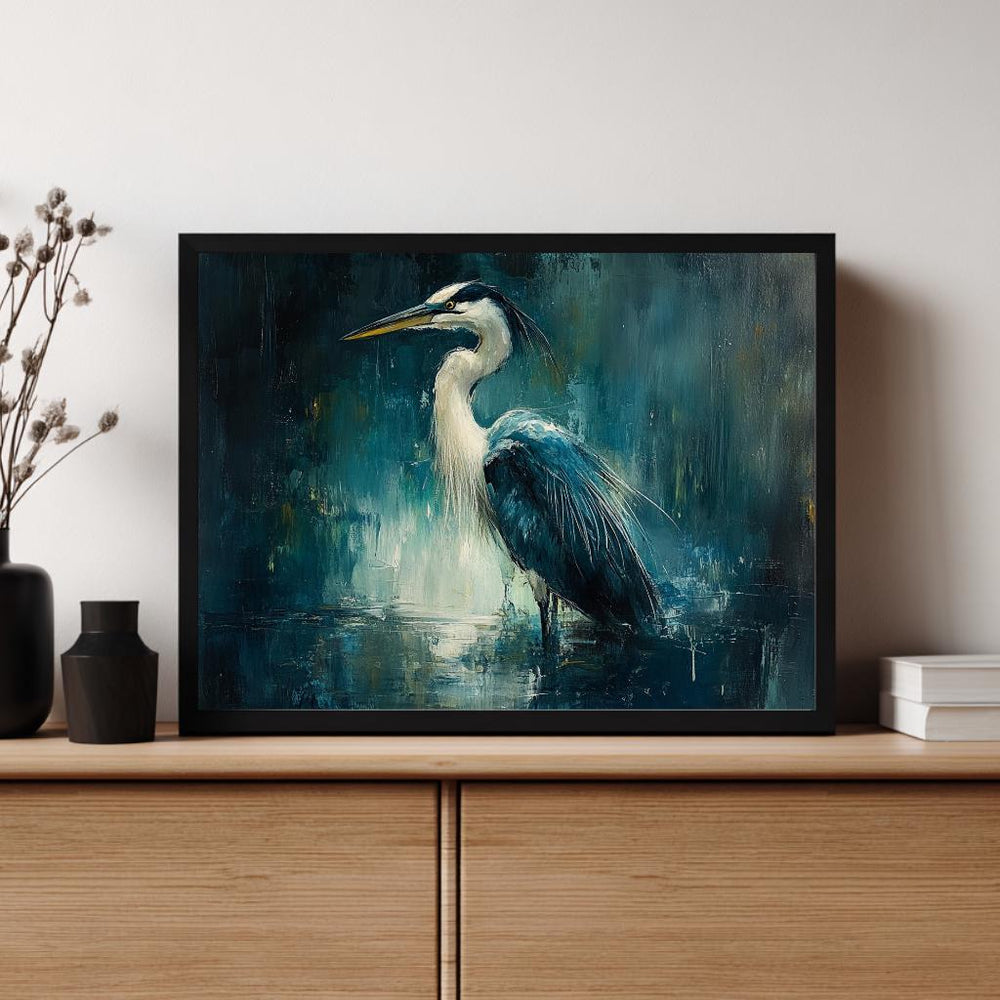 Moody Heron Wall Art, Water Bird Framed Canvas, Coastal Wetlands Landscape Print, Abstract Blue Modern Home Decor, Heron Lover Gift