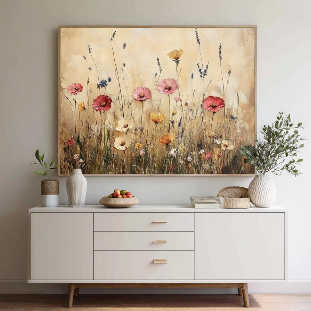 Rustic Wildflower Field Wall Art, Country Meadow Floral Landscape Canvas, Vintage Nature Framed Print, Cottage Farmhouse Home Decor