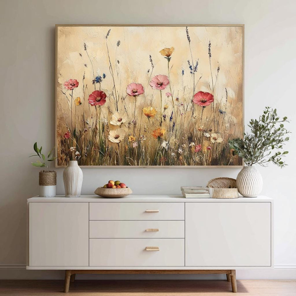 Rustic Wildflower Field Wall Art, Country Meadow Floral Landscape Canvas, Vintage Nature Framed Print, Cottage Farmhouse Home Decor