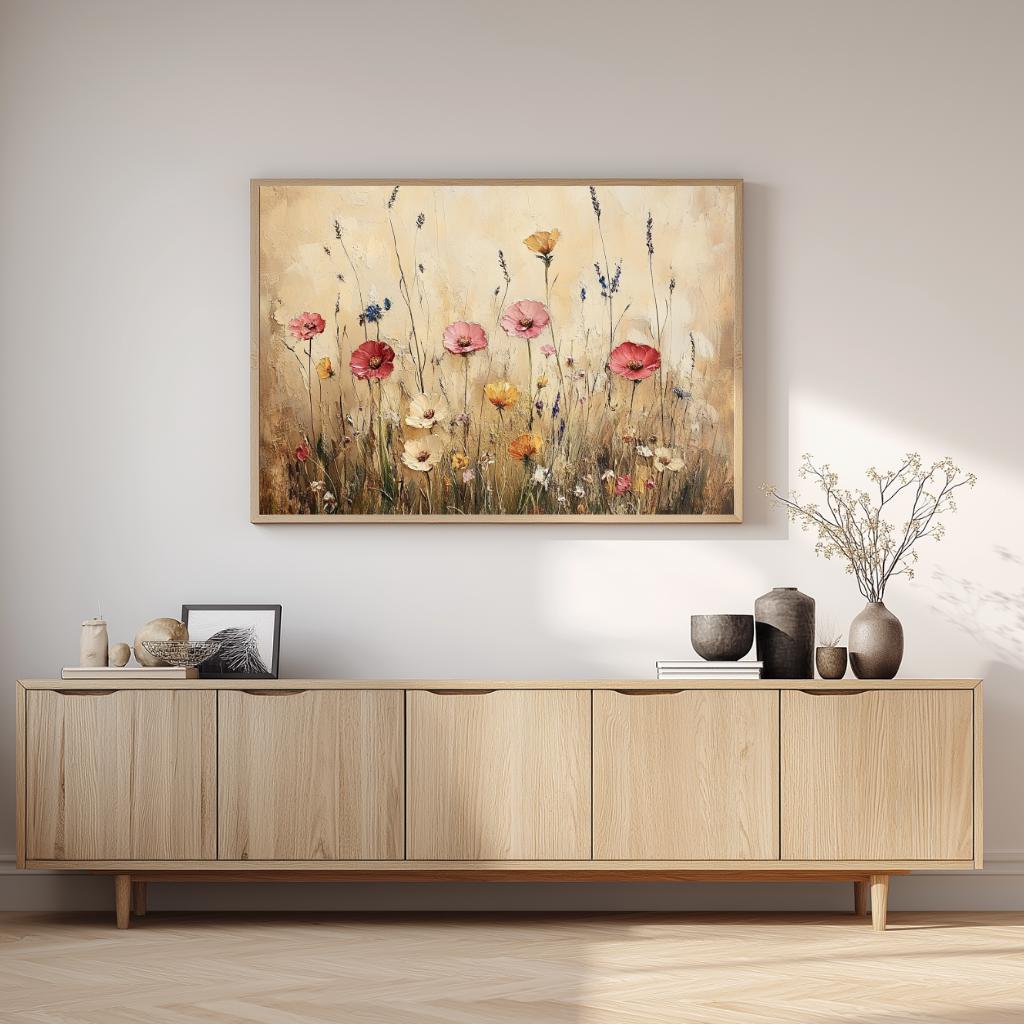 Rustic Wildflower Field Wall Art, Country Meadow Floral Landscape Canvas, Vintage Nature Framed Print, Cottage Farmhouse Home Decor