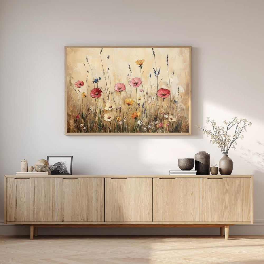 Rustic Wildflower Field Wall Art, Country Meadow Floral Landscape Canvas, Vintage Nature Framed Print, Cottage Farmhouse Home Decor