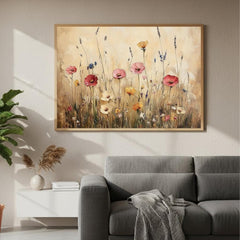Rustic Wildflower Field Wall Art, Country Meadow Floral Landscape Canvas, Vintage Nature Framed Print, Cottage Farmhouse Home Decor