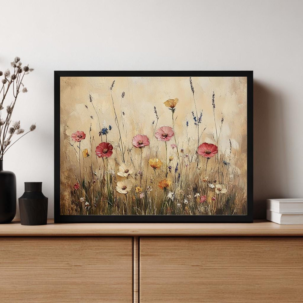 Rustic Wildflower Field Wall Art, Country Meadow Floral Landscape Canvas, Vintage Nature Framed Print, Cottage Farmhouse Home Decor
