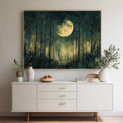 Mystical Moon Forest Wall Art, Enchanted Night Framed Canvas, Celestial Woodland Landscape Print, Starry Night Decor, Tranquil Home Accent