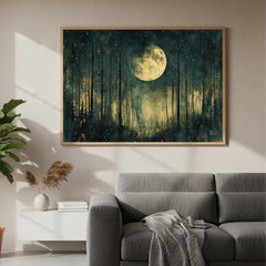 Mystical Moon Forest Wall Art, Enchanted Night Framed Canvas, Celestial Woodland Landscape Print, Starry Night Decor, Tranquil Home Accent