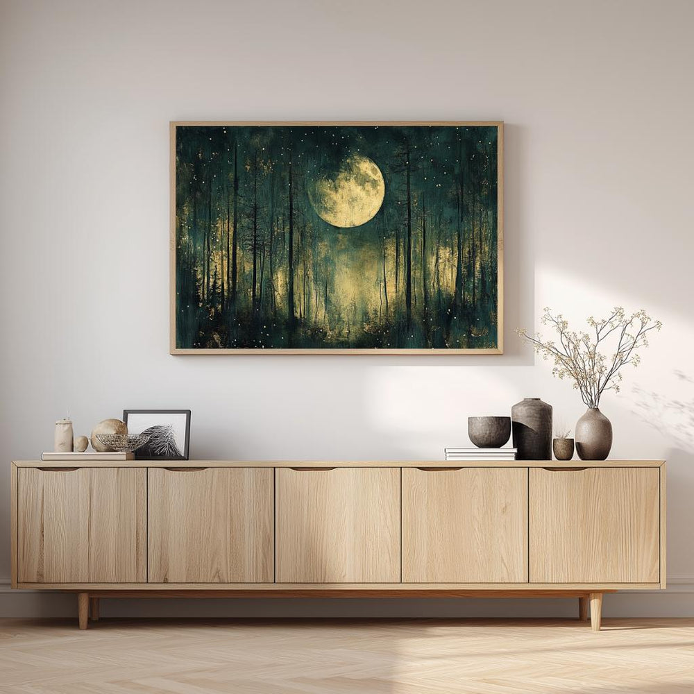 Mystical Moon Forest Wall Art, Enchanted Night Framed Canvas, Celestial Woodland Landscape Print, Starry Night Decor, Tranquil Home Accent