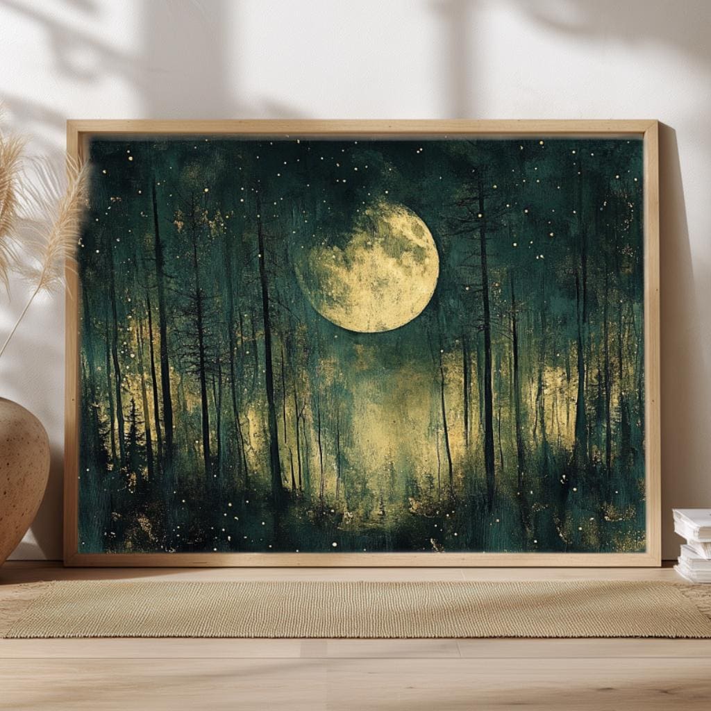 Mystical Moon Forest Wall Art, Enchanted Night Framed Canvas, Celestial Woodland Landscape Print, Starry Night Decor, Tranquil Home Accent