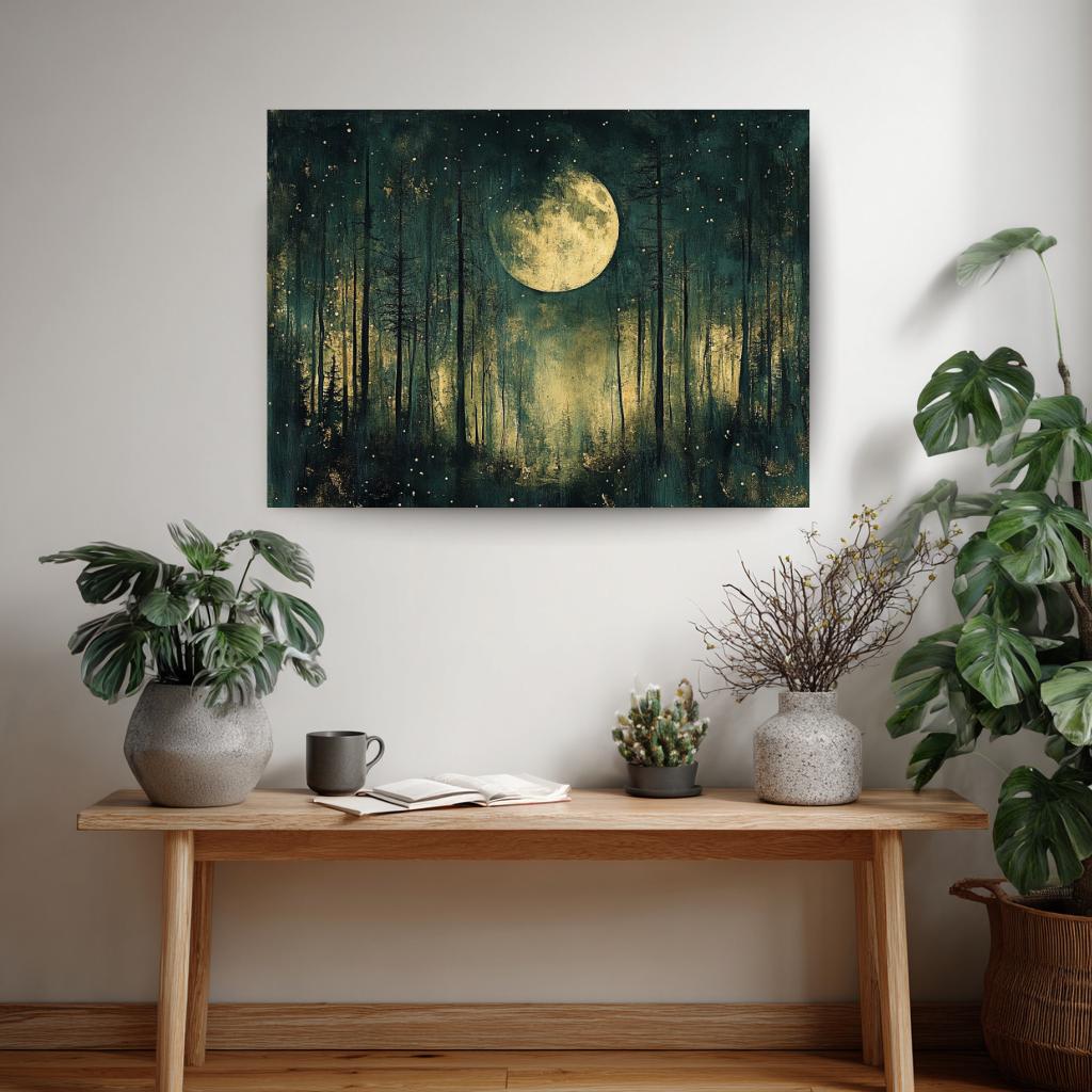 Mystical Moon Forest Wall Art, Enchanted Night Framed Canvas, Celestial Woodland Landscape Print, Starry Night Decor, Tranquil Home Accent