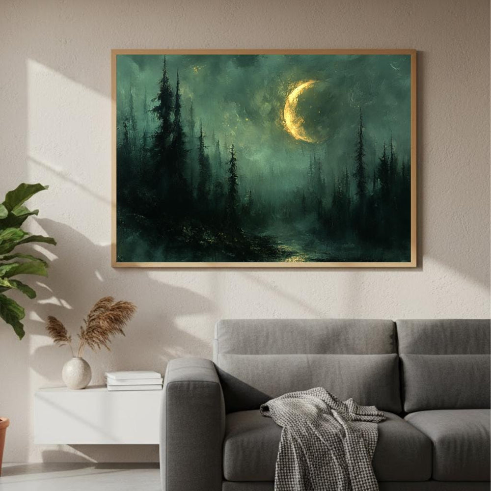 Crescent Moon Forest Wall Art, Mystical Night Framed Canvas, Moody Woodland Landscape Print, Celestial Nature Inspired Home Decor