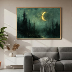 Crescent Moon Forest Wall Art, Mystical Night Framed Canvas, Moody Woodland Landscape Print, Celestial Nature Inspired Home Decor