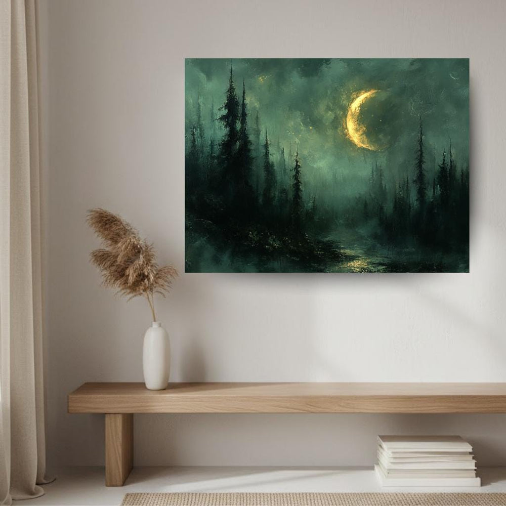 Crescent Moon Forest Wall Art, Mystical Night Framed Canvas, Moody Woodland Landscape Print, Celestial Nature Inspired Home Decor