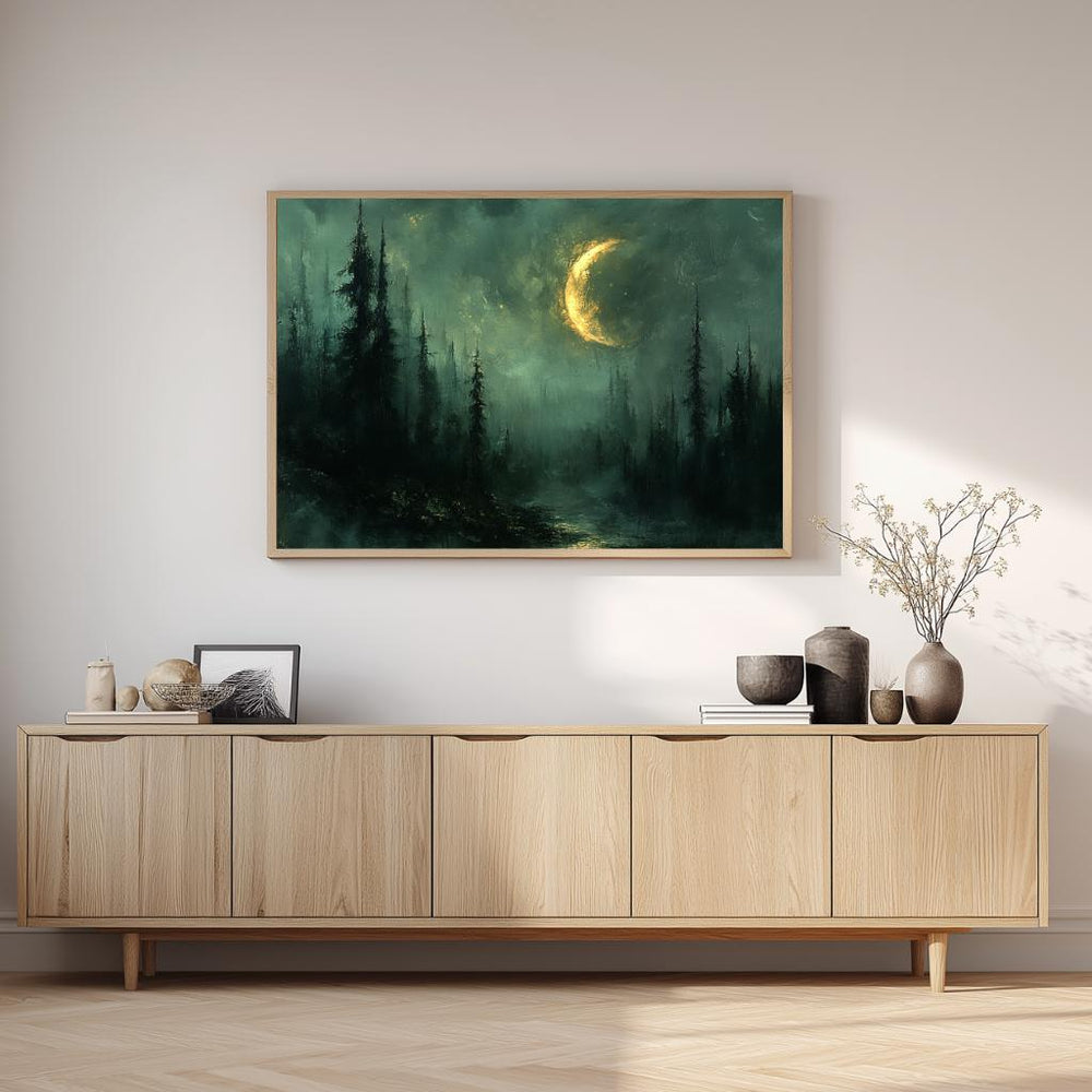 Crescent Moon Forest Wall Art, Mystical Night Framed Canvas, Moody Woodland Landscape Print, Celestial Nature Inspired Home Decor
