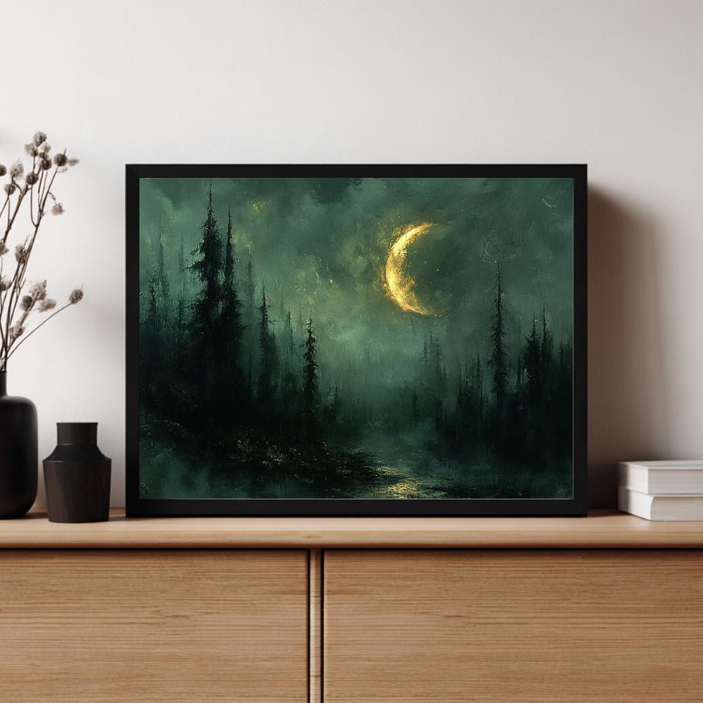 Crescent Moon Forest Wall Art, Mystical Night Framed Canvas, Moody Woodland Landscape Print, Celestial Nature Inspired Home Decor