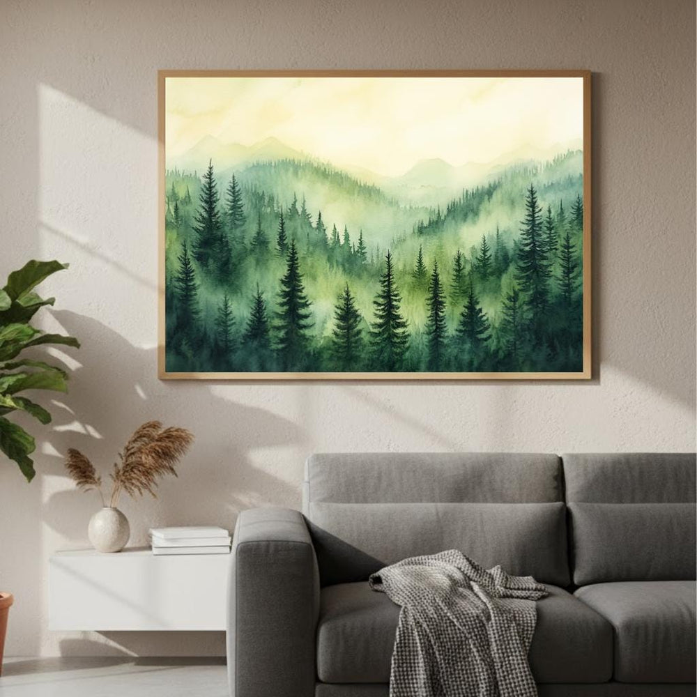 Evergreen Mountain Landscape Wall Art, Misty Pine Forest Framed Canvas, Nature Inspired Print, Rustic Farmhouse Decor, Tranquil Home Accent
