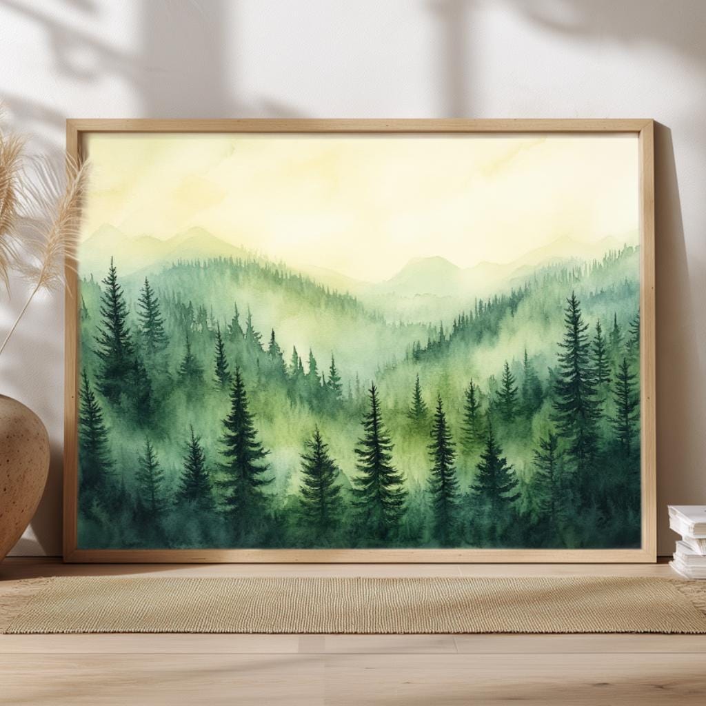 Evergreen Mountain Landscape Wall Art, Misty Pine Forest Framed Canvas, Nature Inspired Print, Rustic Farmhouse Decor, Tranquil Home Accent