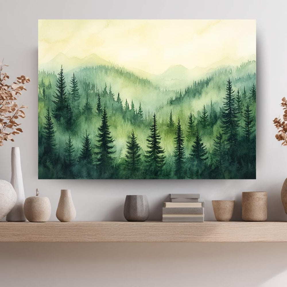Evergreen Mountain Landscape Wall Art, Misty Pine Forest Framed Canvas, Nature Inspired Print, Rustic Farmhouse Decor, Tranquil Home Accent
