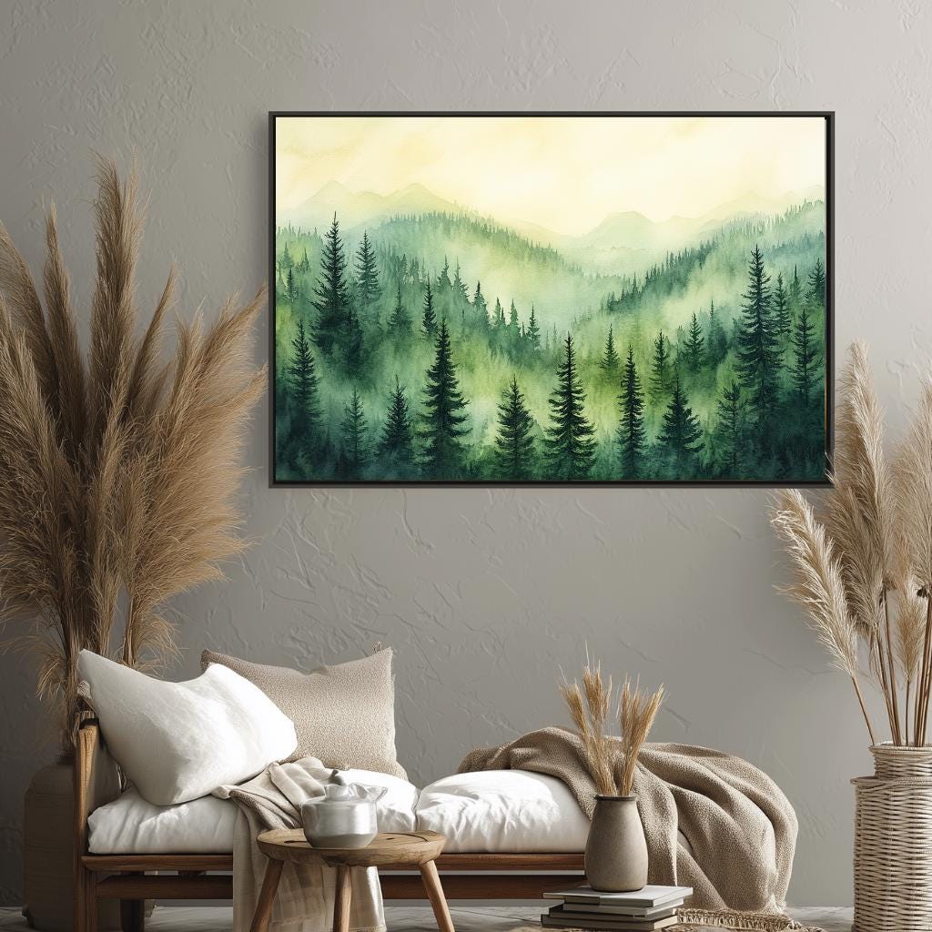 Evergreen Mountain Landscape Wall Art, Misty Pine Forest Framed Canvas, Nature Inspired Print, Rustic Farmhouse Decor, Tranquil Home Accent