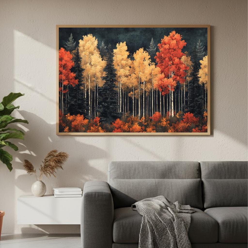 Autumn Birch Forest Wall Art, Vibrant Fall Framed Canvas, Woodland Landscape Print, Rustic Nature Inspired Home Decor, Autumn Lover Gift