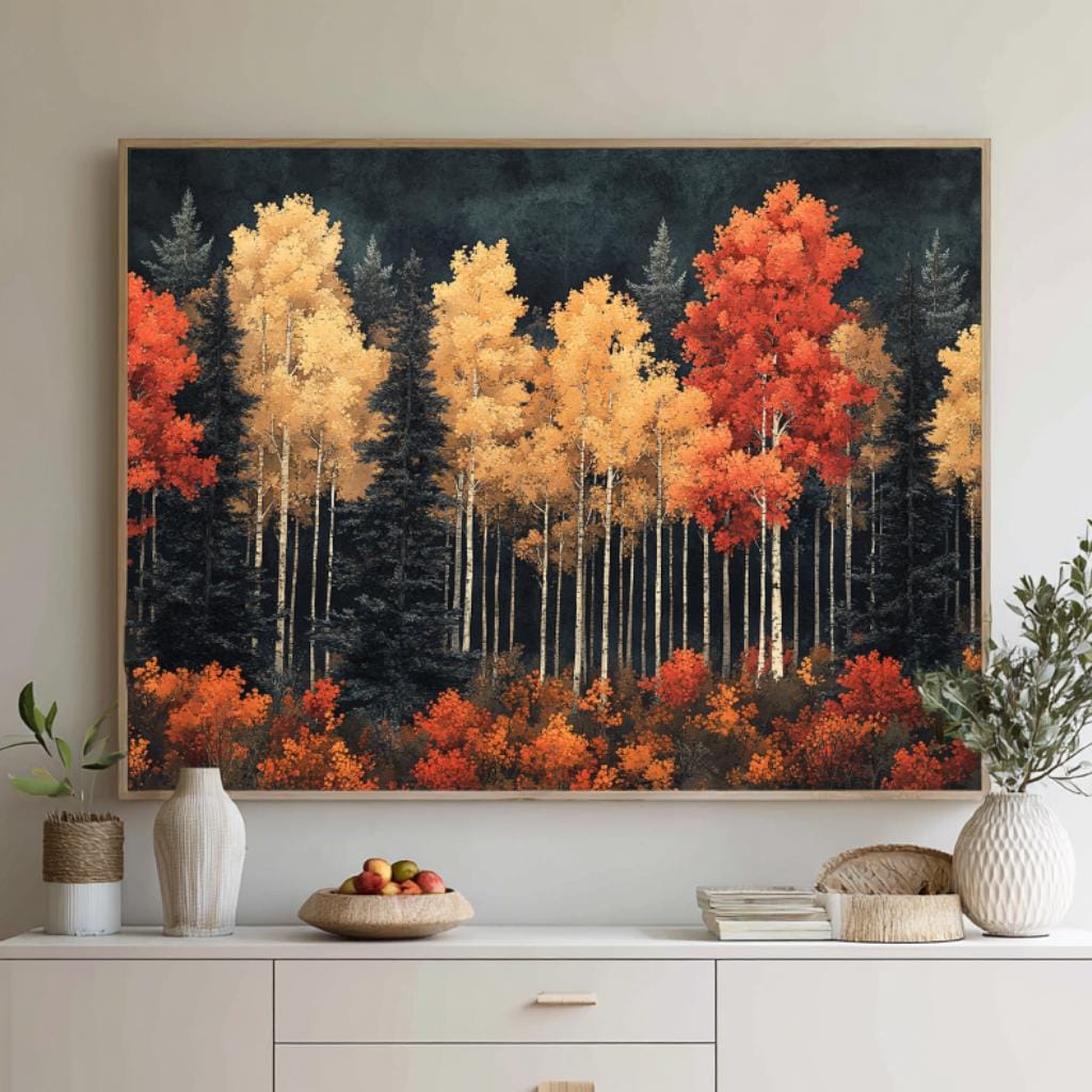 Autumn Birch Forest Wall Art, Vibrant Fall Framed Canvas, Woodland Landscape Print, Rustic Nature Inspired Home Decor, Autumn Lover Gift