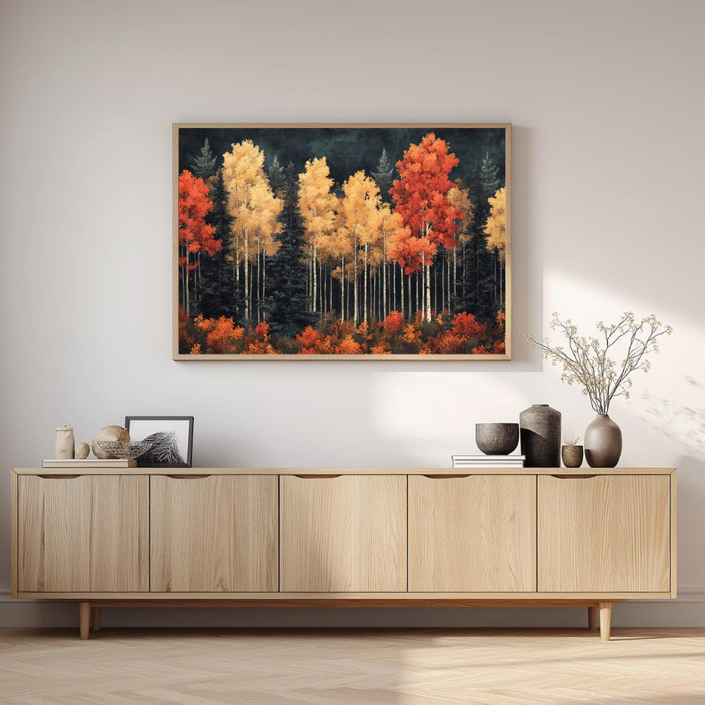 Autumn Birch Forest Wall Art, Vibrant Fall Framed Canvas, Woodland Landscape Print, Rustic Nature Inspired Home Decor, Autumn Lover Gift