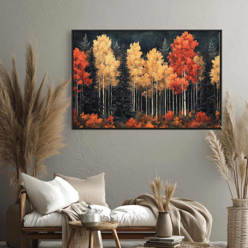 Autumn Birch Forest Wall Art, Vibrant Fall Framed Canvas, Woodland Landscape Print, Rustic Nature Inspired Home Decor, Autumn Lover Gift