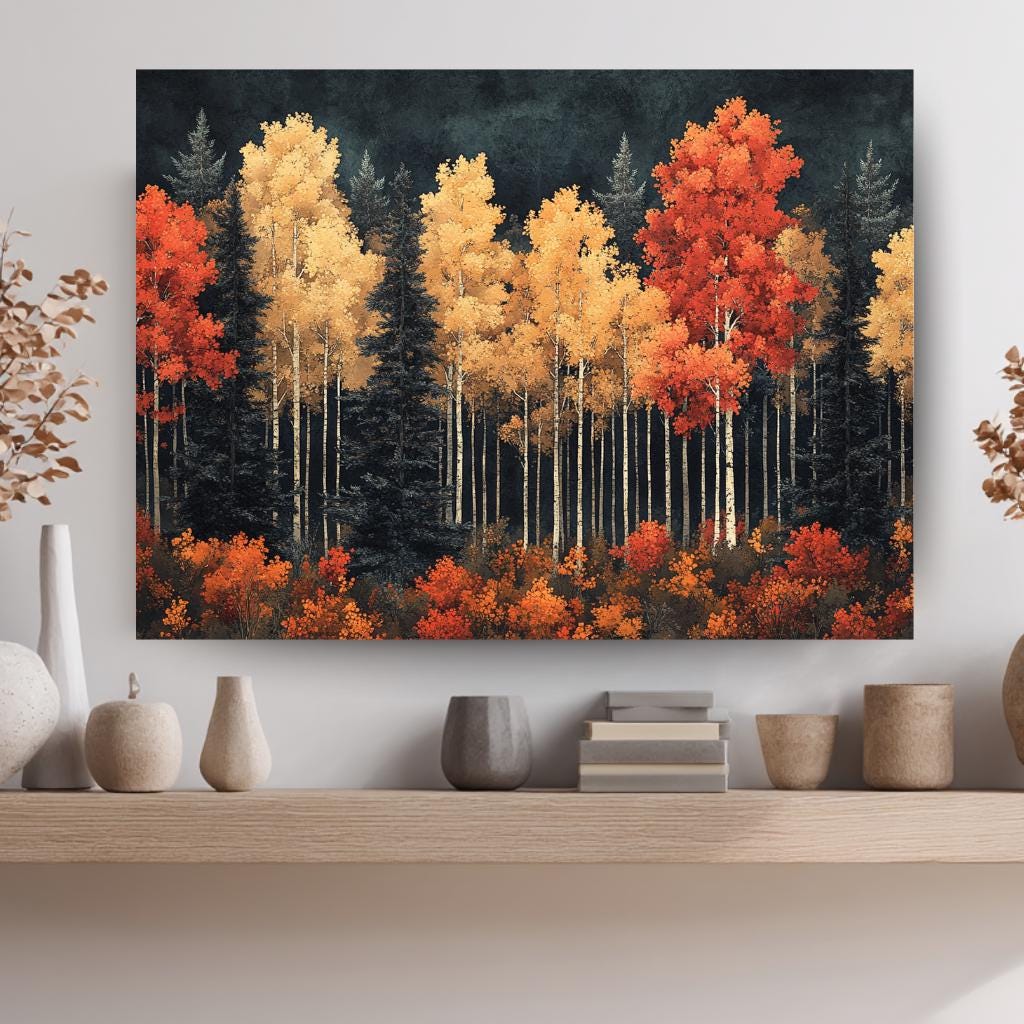 Autumn Birch Forest Wall Art, Vibrant Fall Framed Canvas, Woodland Landscape Print, Rustic Nature Inspired Home Decor, Autumn Lover Gift