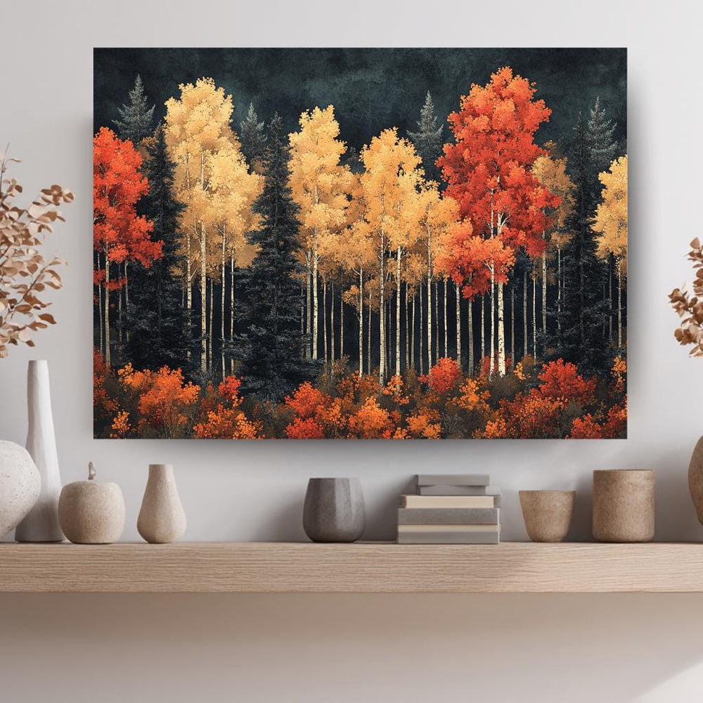 Autumn Birch Forest Wall Art, Vibrant Fall Framed Canvas, Woodland Landscape Print, Rustic Nature Inspired Home Decor, Autumn Lover Gift