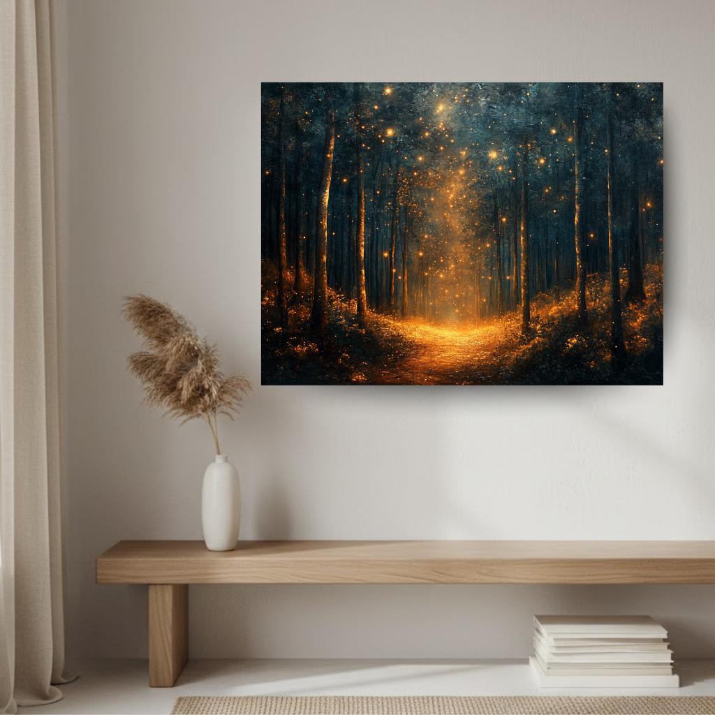 Enchanted Firefly Forest Wall Art, Mystical Night Landscape Canvas, Glowing Woodland Path Print, Celestial Nature Inspired Home Decor