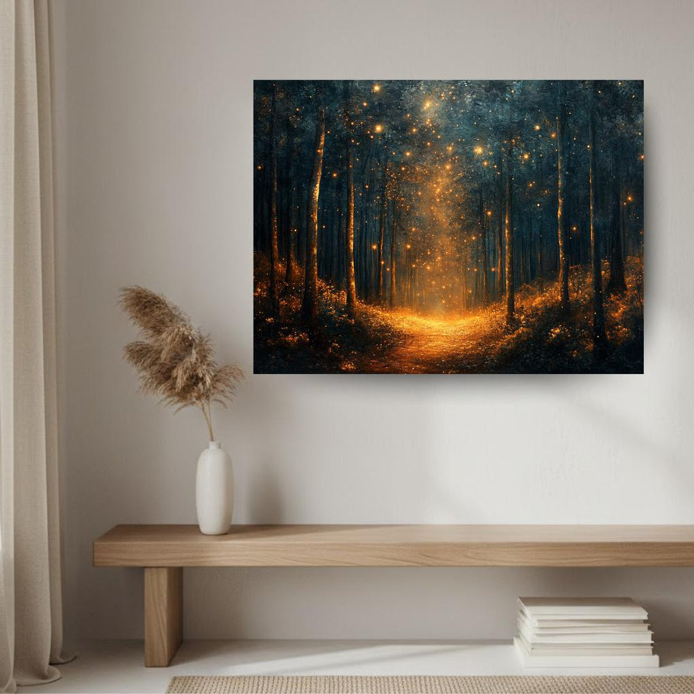 Enchanted Firefly Forest Wall Art, Mystical Night Landscape Canvas, Glowing Woodland Path Print, Celestial Nature Inspired Home Decor