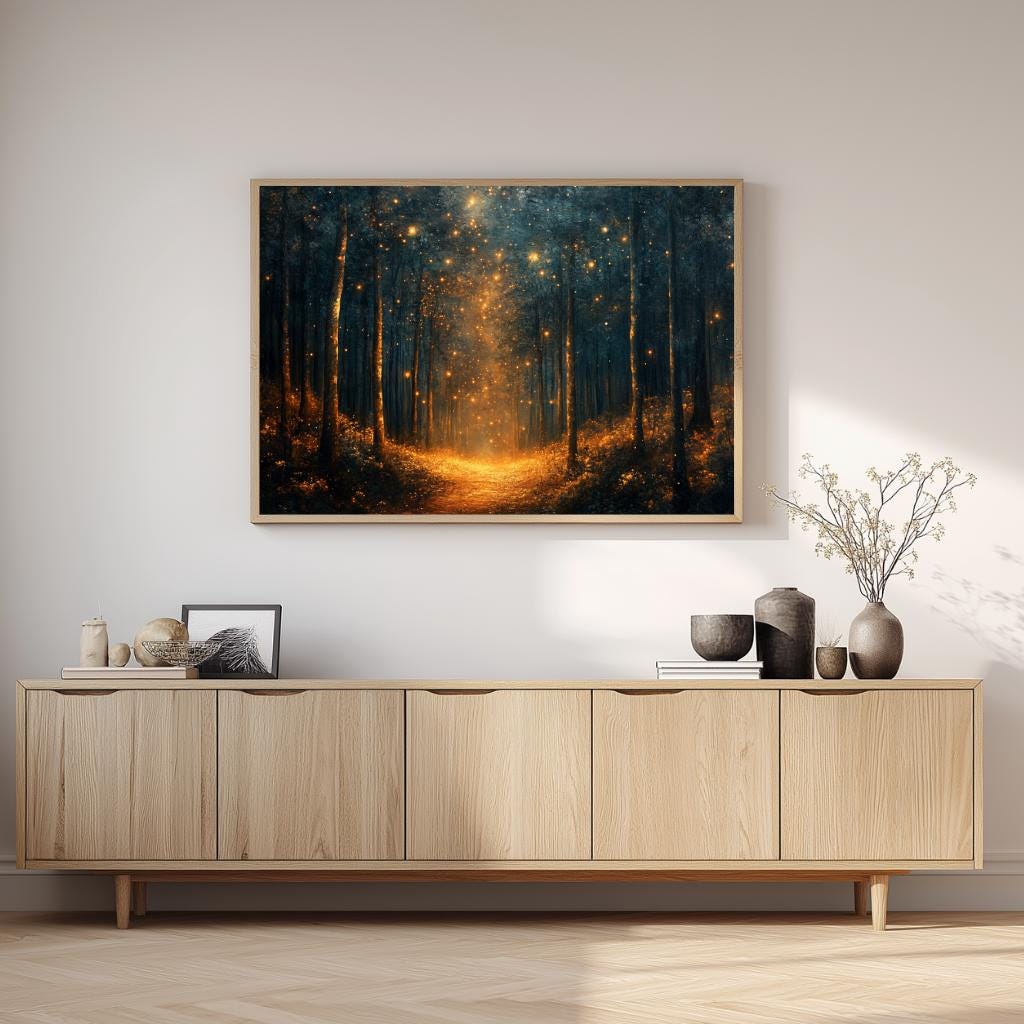 Enchanted Firefly Forest Wall Art, Mystical Night Landscape Canvas, Glowing Woodland Path Print, Celestial Nature Inspired Home Decor