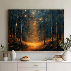 Enchanted Firefly Forest Wall Art, Mystical Night Landscape Canvas, Glowing Woodland Path Print, Celestial Nature Inspired Home Decor