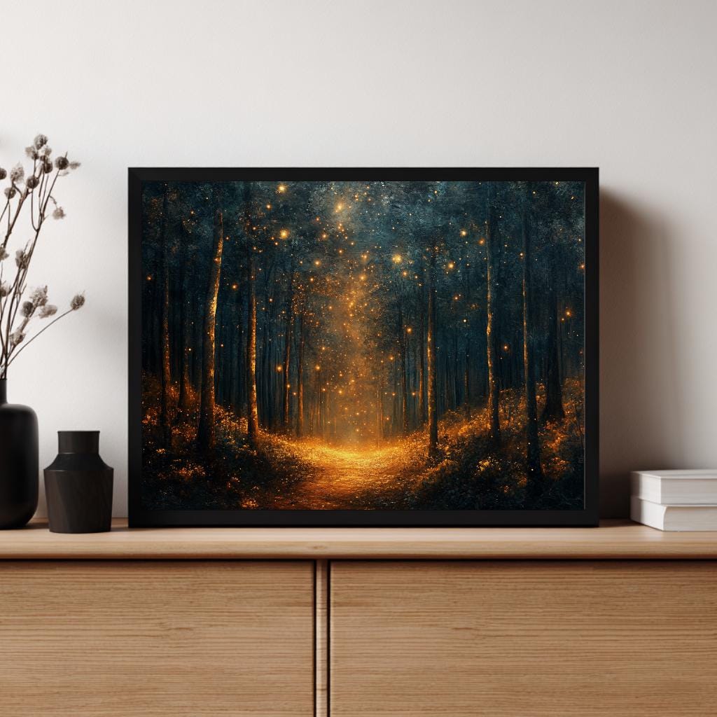 Enchanted Firefly Forest Wall Art, Mystical Night Landscape Canvas, Glowing Woodland Path Print, Celestial Nature Inspired Home Decor
