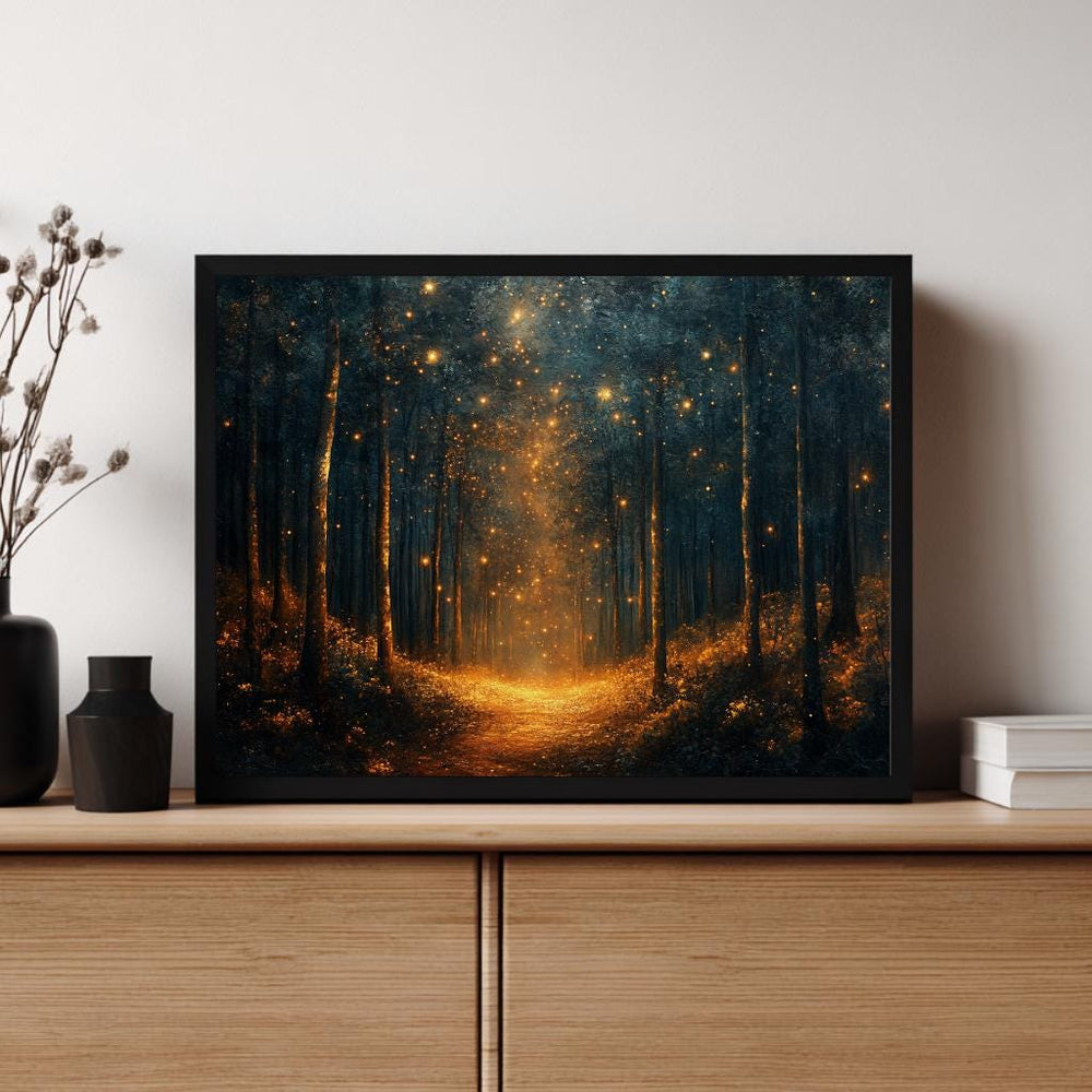 Enchanted Firefly Forest Wall Art, Mystical Night Landscape Canvas, Glowing Woodland Path Print, Celestial Nature Inspired Home Decor