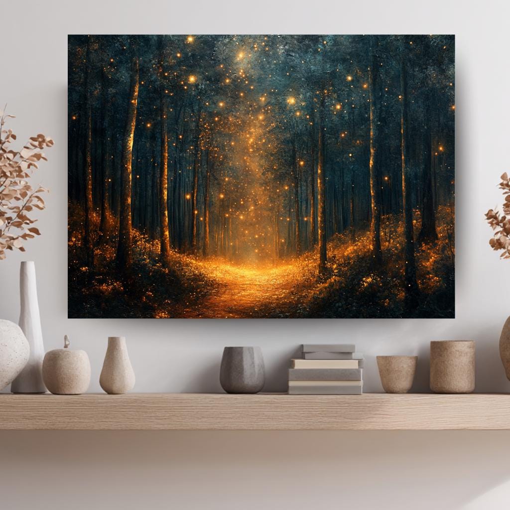 Enchanted Firefly Forest Wall Art, Mystical Night Landscape Canvas, Glowing Woodland Path Print, Celestial Nature Inspired Home Decor