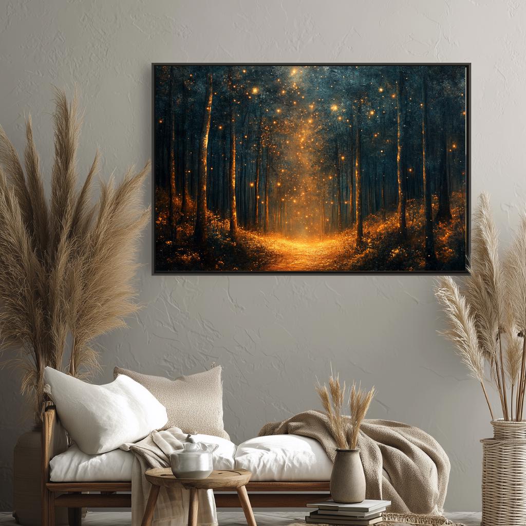 Enchanted Firefly Forest Wall Art, Mystical Night Landscape Canvas, Glowing Woodland Path Print, Celestial Nature Inspired Home Decor
