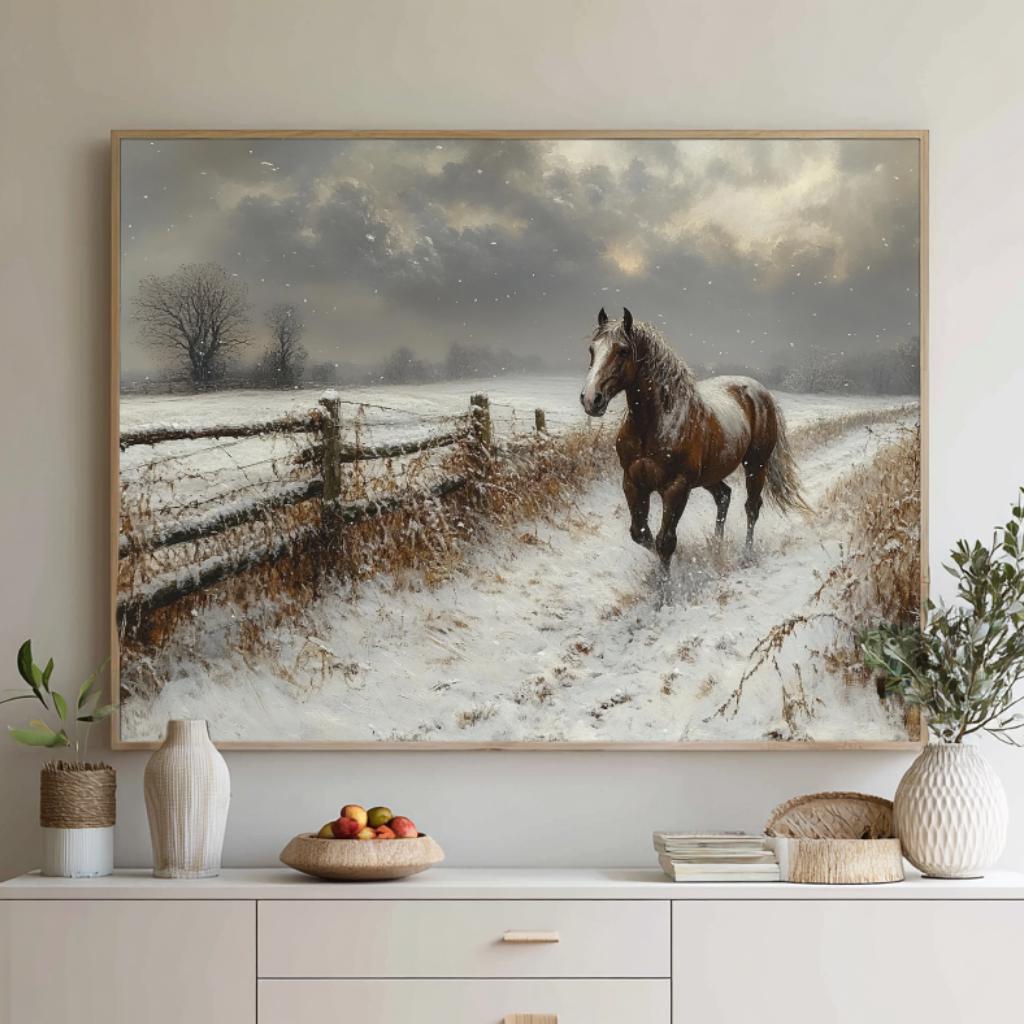 Winter Horse Landscape Wall Art, Rustic Country Farm Canvas, Snowy Field Print, Nature Inspired Equestrian Home Decor, Horse Lover Gift