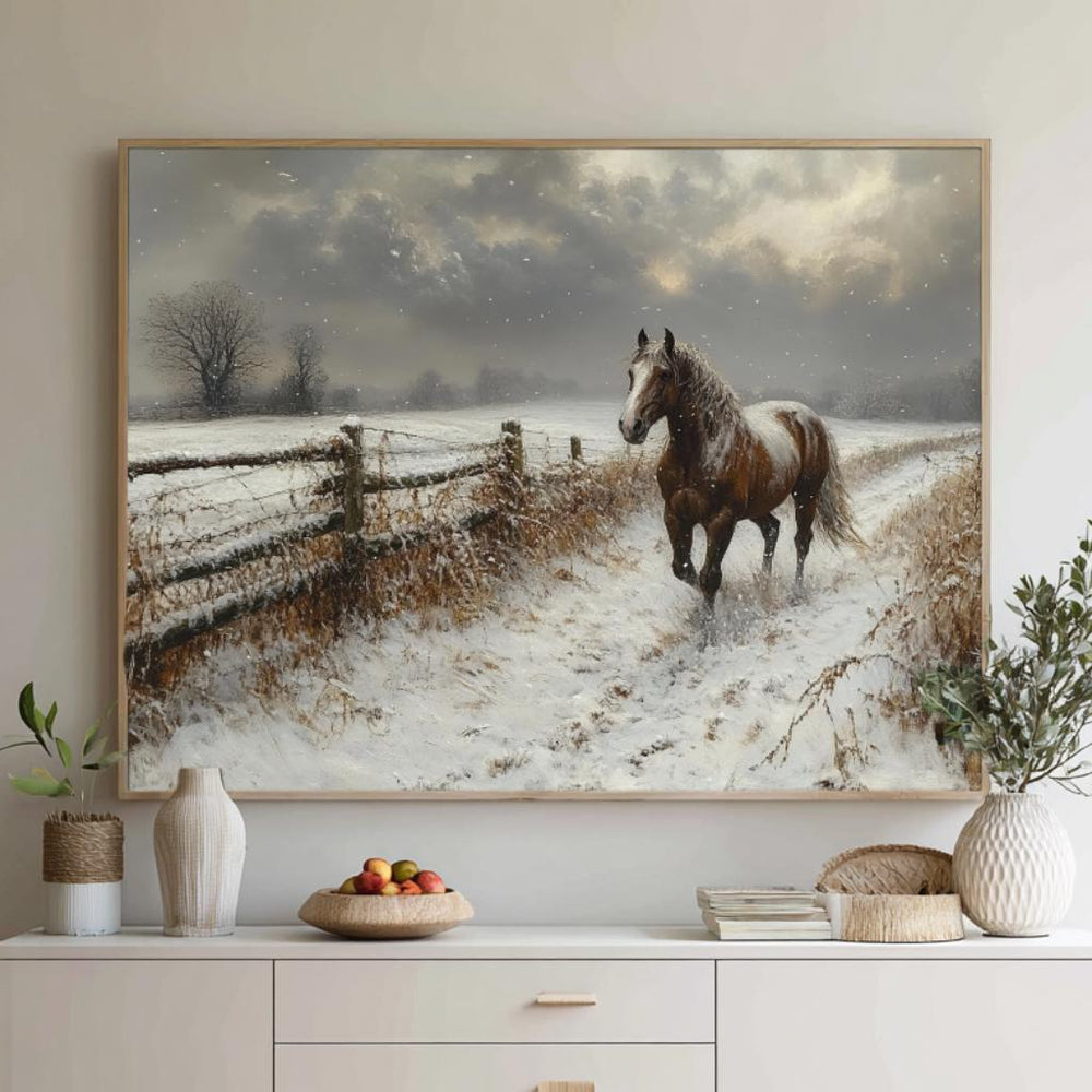 Winter Horse Landscape Wall Art, Rustic Country Farm Canvas, Snowy Field Print, Nature Inspired Equestrian Home Decor, Horse Lover Gift