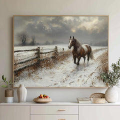 Winter Horse Landscape Wall Art, Rustic Country Farm Canvas, Snowy Field Print, Nature Inspired Equestrian Home Decor, Horse Lover Gift