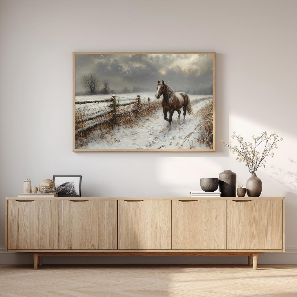 Winter Horse Landscape Wall Art, Rustic Country Farm Canvas, Snowy Field Print, Nature Inspired Equestrian Home Decor, Horse Lover Gift