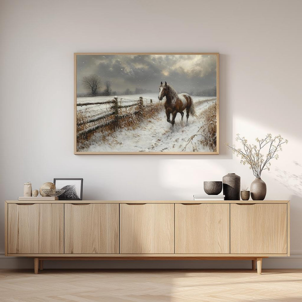 Winter Horse Landscape Wall Art, Rustic Country Farm Canvas, Snowy Field Print, Nature Inspired Equestrian Home Decor, Horse Lover Gift