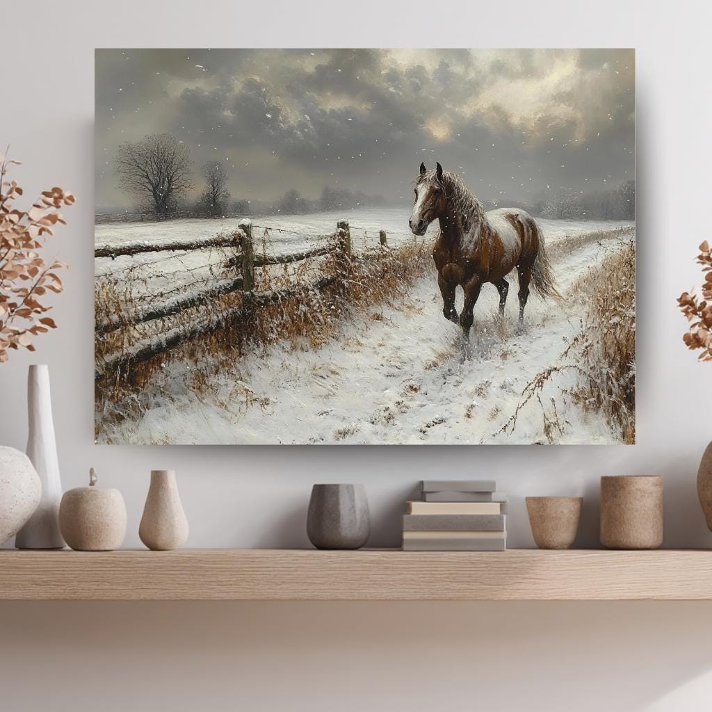 Winter Horse Landscape Wall Art, Rustic Country Farm Canvas, Snowy Field Print, Nature Inspired Equestrian Home Decor, Horse Lover Gift