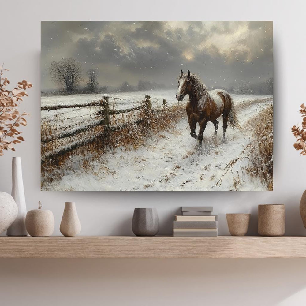 Winter Horse Landscape Wall Art, Rustic Country Farm Canvas, Snowy Field Print, Nature Inspired Equestrian Home Decor, Horse Lover Gift