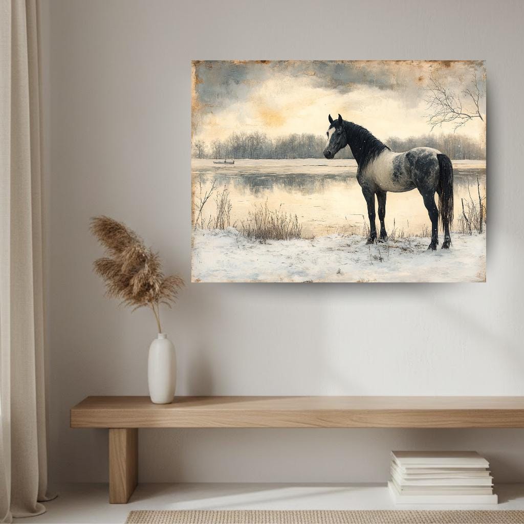 Horse by the River Wall Art, Vintage Winter Framed Canvas, Rustic Equestrian Landscape Print, Country Cabin Decor, Tranquil Home Accent