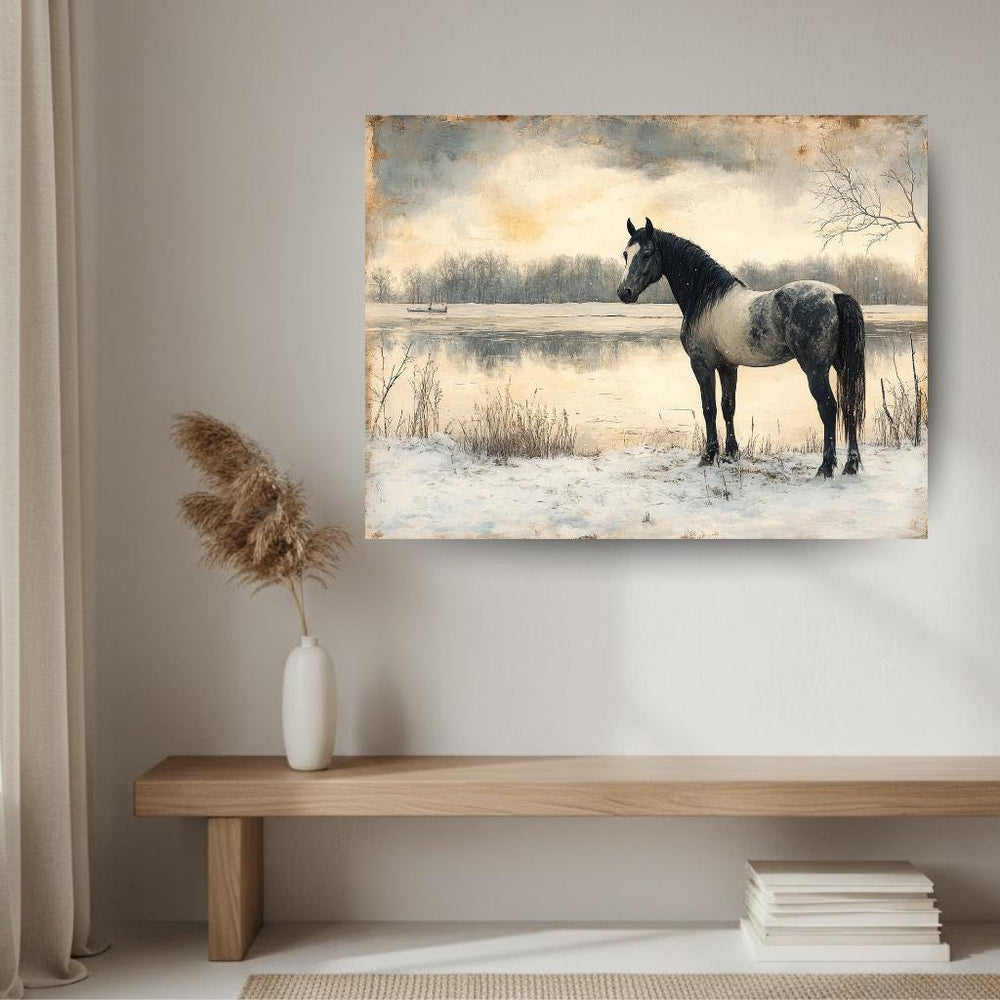 Horse by the River Wall Art, Vintage Winter Framed Canvas, Rustic Equestrian Landscape Print, Country Cabin Decor, Tranquil Home Accent
