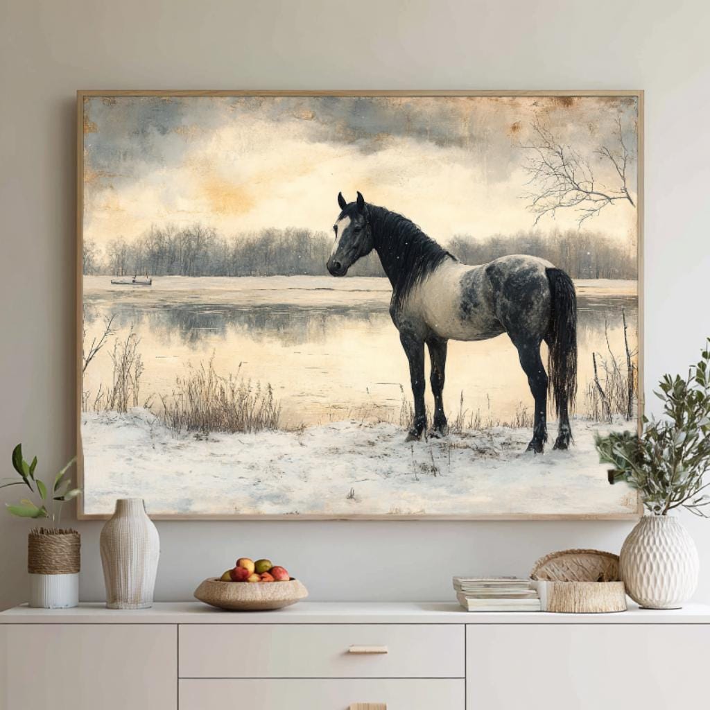 Horse by the River Wall Art, Vintage Winter Framed Canvas, Rustic Equestrian Landscape Print, Country Cabin Decor, Tranquil Home Accent