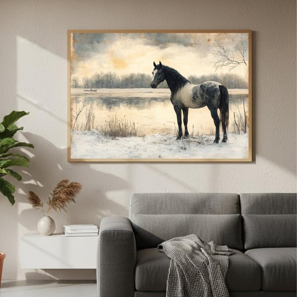 Horse by the River Wall Art, Vintage Winter Framed Canvas, Rustic Equestrian Landscape Print, Country Cabin Decor, Tranquil Home Accent