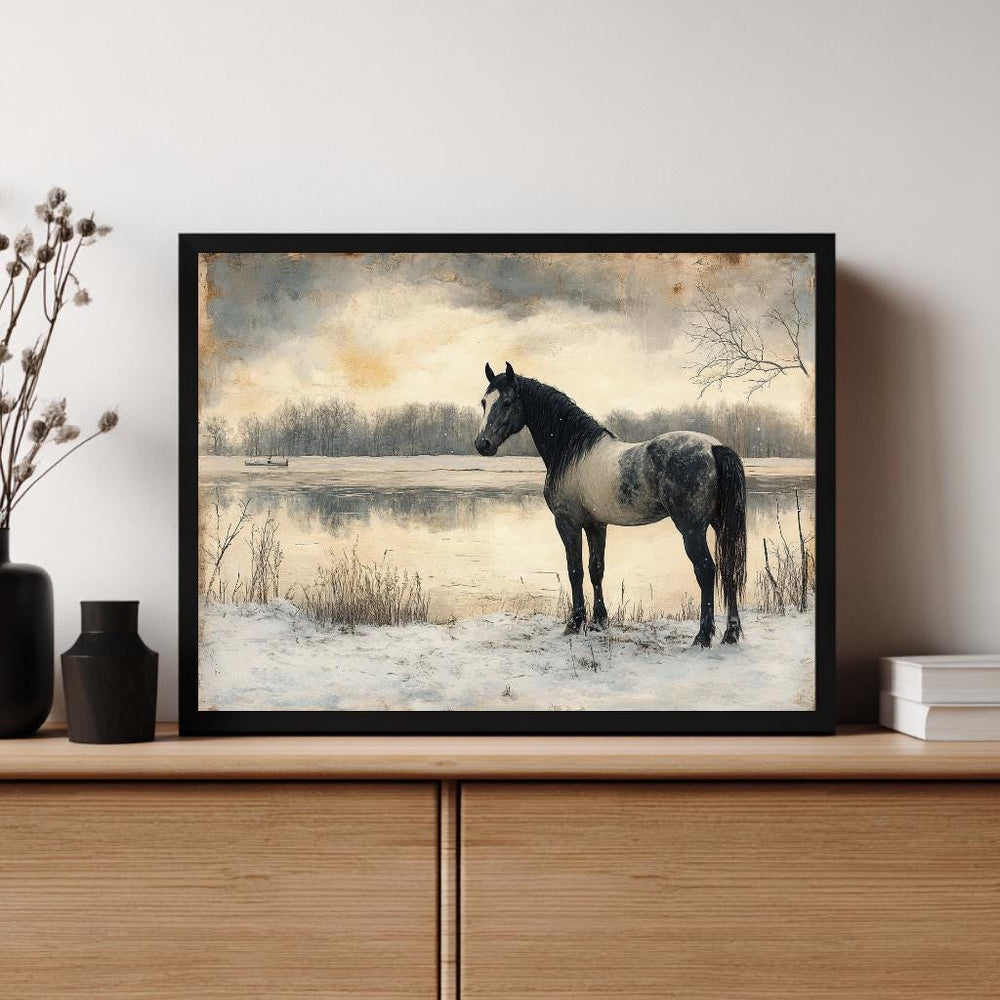 Horse by the River Wall Art, Vintage Winter Framed Canvas, Rustic Equestrian Landscape Print, Country Cabin Decor, Tranquil Home Accent
