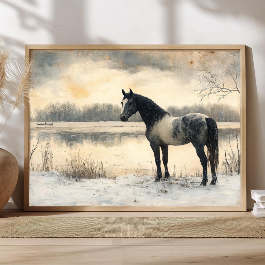 Horse by the River Wall Art, Vintage Winter Framed Canvas, Rustic Equestrian Landscape Print, Country Cabin Decor, Tranquil Home Accent