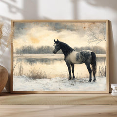Horse by the River Wall Art, Vintage Winter Framed Canvas, Rustic Equestrian Landscape Print, Country Cabin Decor, Tranquil Home Accent