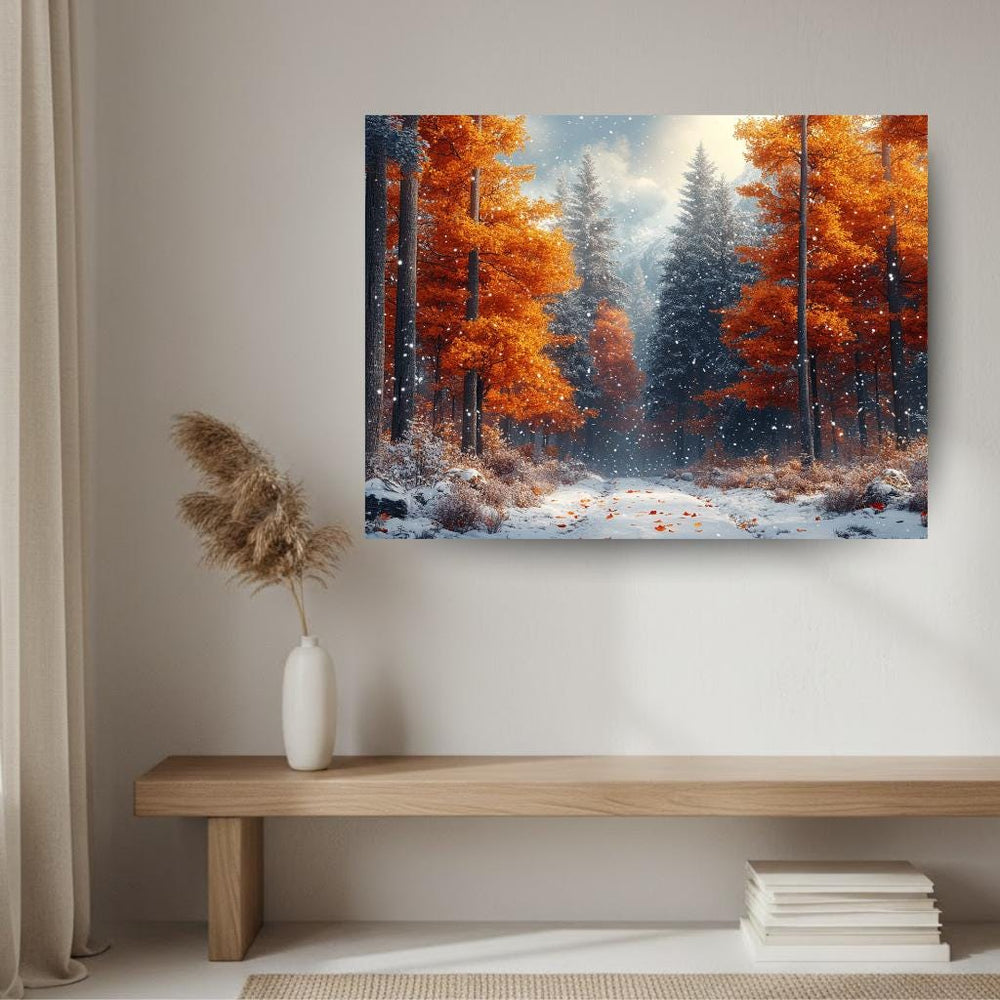 Amber Autumn Path Wall Art, Snowy Forest Framed Canvas, Nature Woodland Print, Cozy Rustic Decor, Winter Home Accent, Autumn Lover Gift